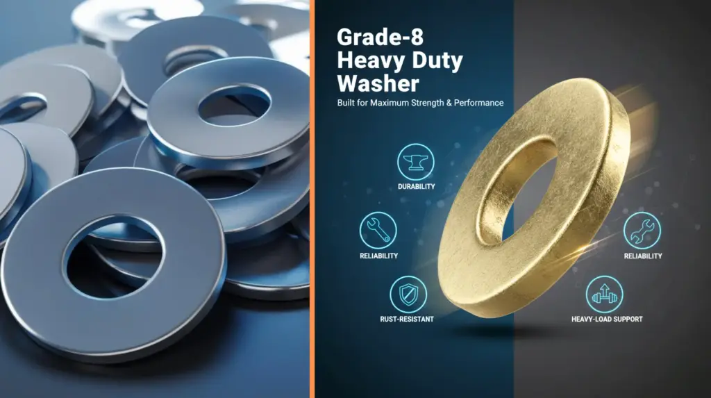 A comparison of standard metal washers on the left and a single gold-colored Grade-8 heavy-duty washer with feature icons on the right.