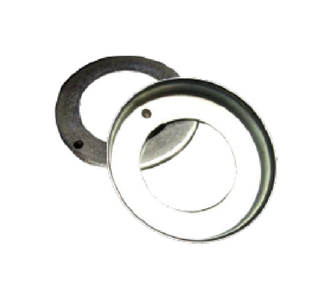 Two metal circular rings, one silver and one dark-colored, with center holes and small notches, placed overlapping each other on a white background.