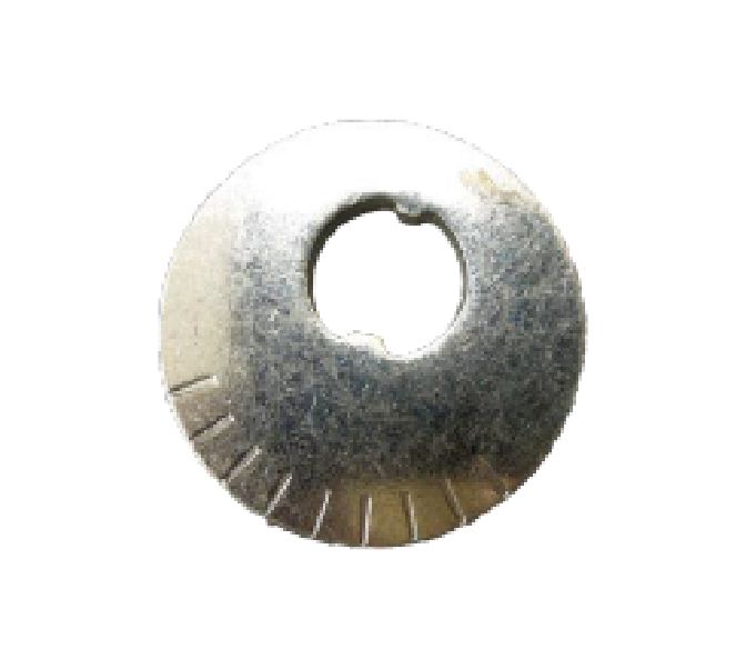 A metal washer with a central hole and etched lines along the bottom edge, set against a white background.
