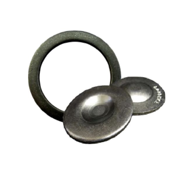 Three metallic valve shims, one standing upright and two lying flat, displayed against a white background.
