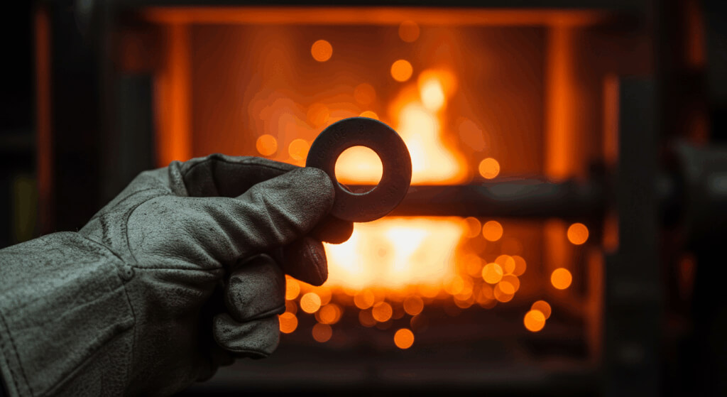 A gloved hand holds a metal washer, part of custom stampings, in front of an industrial furnace with visible flames and glowing embers.