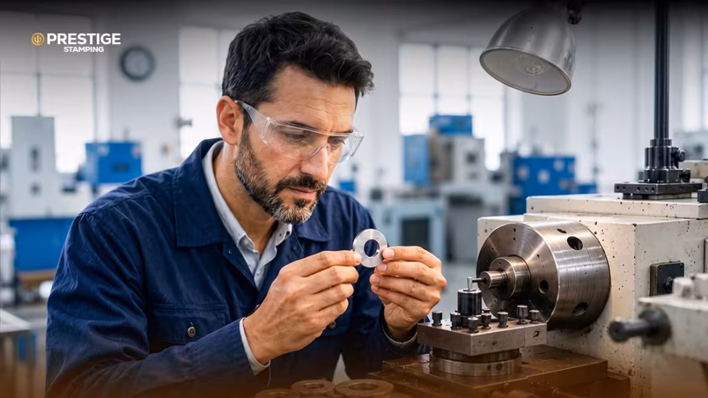 A man wearing safety glasses inspects a metal part near a lathe in a factory workshop. The setting is clean and well-lit, with industrial equipment in the background.