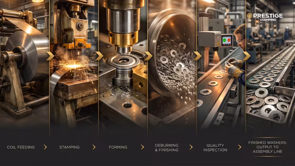 Automated servo press machine in a modern factory stamping metal washers, with digital monitors and sensors tracking production quality.