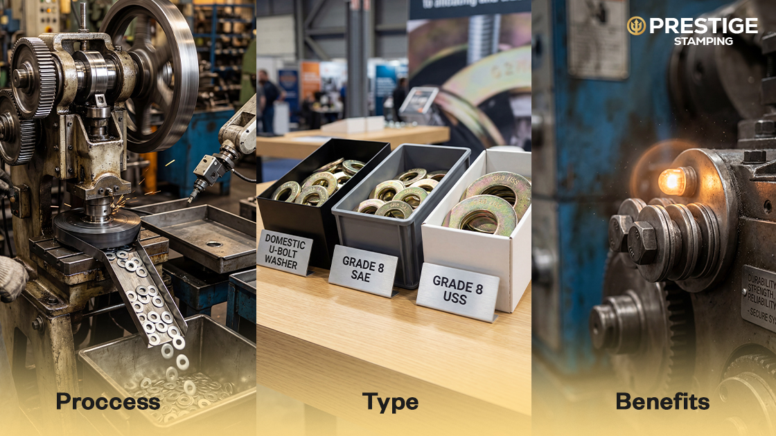 A collage showing a metal stamping machine, bins of labeled washers, and a close-up of machine operation, with text: Process, Type, Benefits. Prestige Stamping logo is in the top right corner.