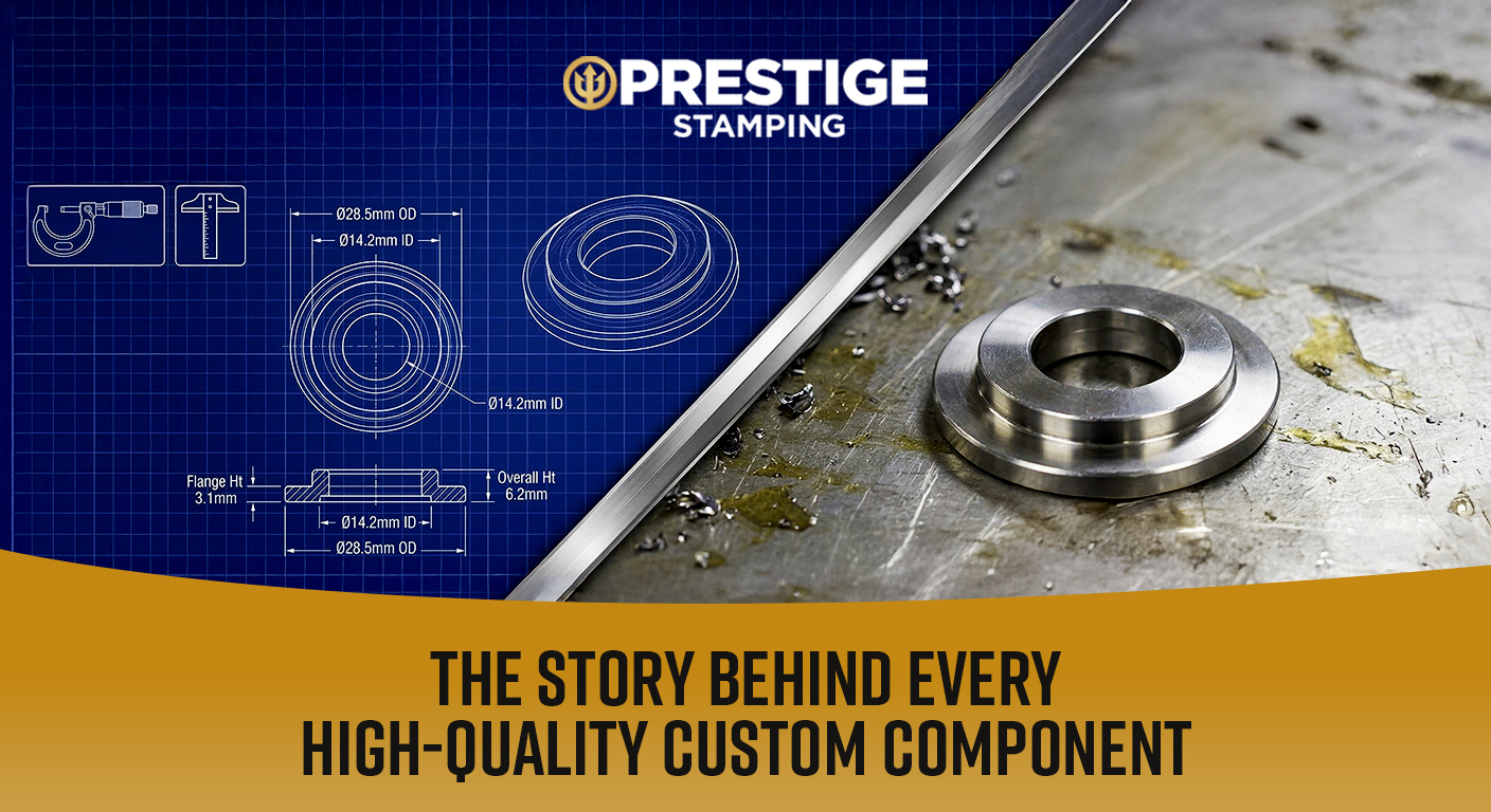 A metal component sits on a work surface beside technical blueprints, with the Prestige Stamping logo and the text, "The story behind every high-quality custom component.