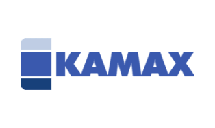 KAMAX logo featuring stacked blue rectangles to the left of the word "KAMAX" in bold, blue uppercase letters.