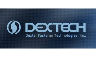 Blue DexTech logo with circular icon and text reading "DEXTECH Dexter Fastener Technologies, Inc." on a diagonal striped background.