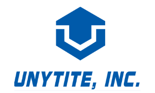 Blue geometric logo resembling a hex bolt head above the text "UNYTITE, INC." in bold blue letters with a line underneath.