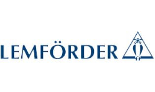LEMFOERDER logo featuring blue text with an umlaut over the "O" and an outlined triangle with a stylized bird inside on the right side.