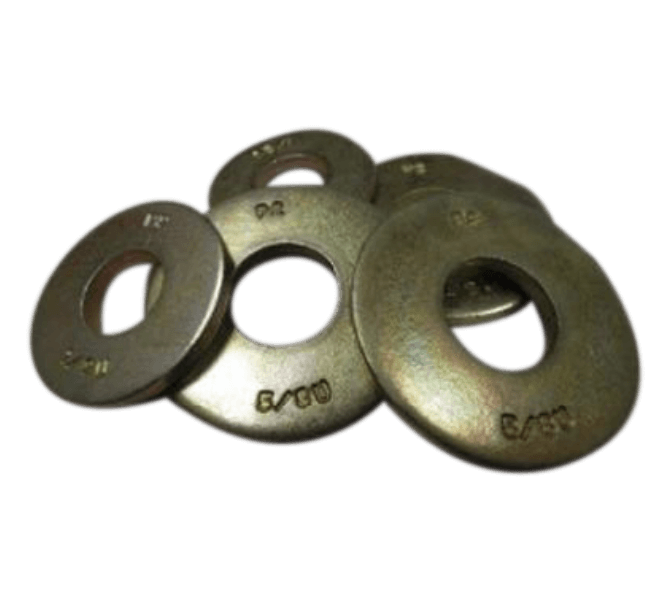 A pile of metal washers with different sizes and markings is shown against a plain background.
