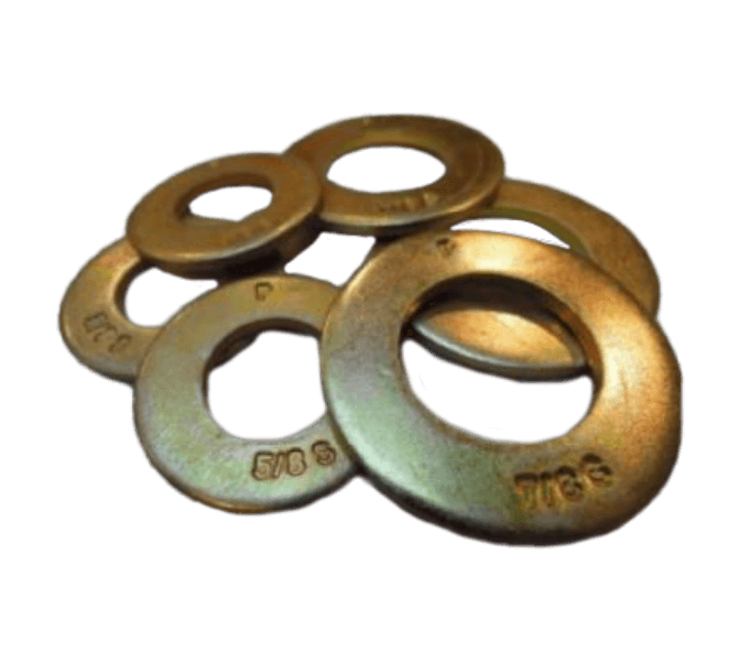Five metal washers of varying sizes are arranged overlapping each other on a plain black background. Some washers have "5/8 S" stamped on them.