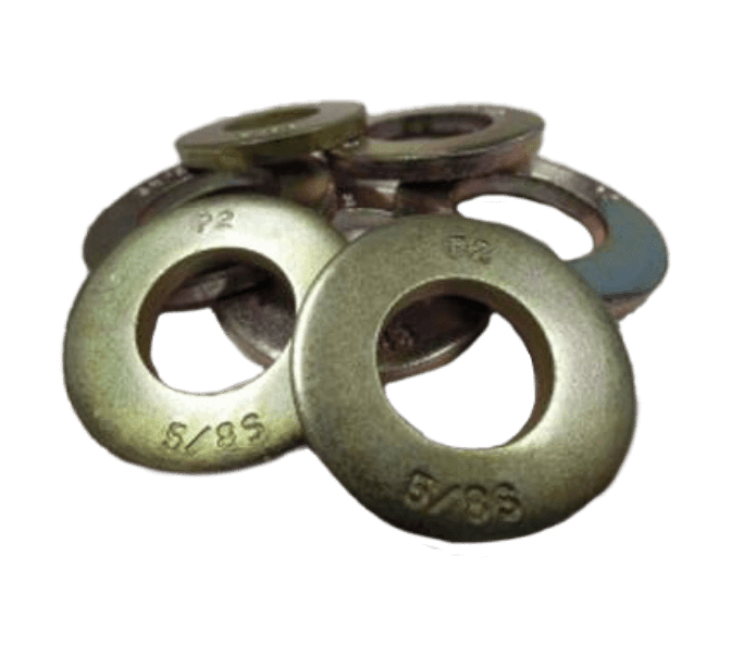 A pile of metal washers with "5/8" and "P2" markings, arranged on a plain background.