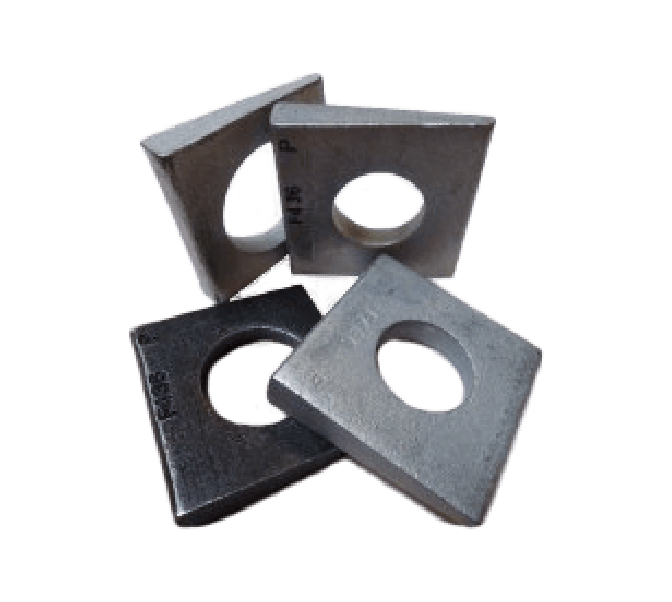 Four square metal washers with central circular holes are stacked and overlapping each other on a plain background.